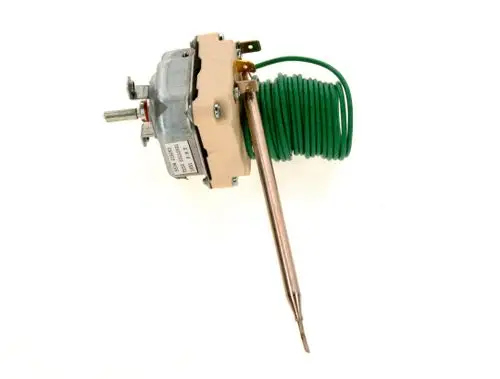 Bosch Temperaturregler mit einem elektrischen Motor und einem Fühler, ausgestattet mit einem grünen Kabel und einer Metallsonde zur Temperatursensorik.